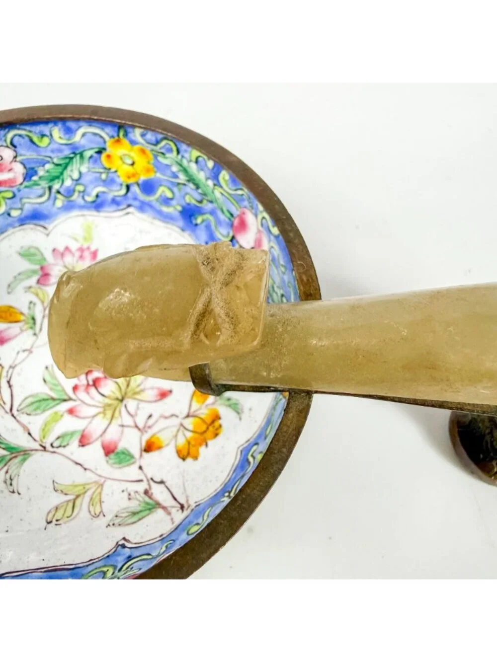 Antique Chinese Enameled Floral Jade Nephrite Hook Handle Bowl